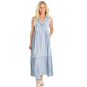 Linda Anderson Ruffle Chambray Tiered Sun Dress Size Large With Pockets